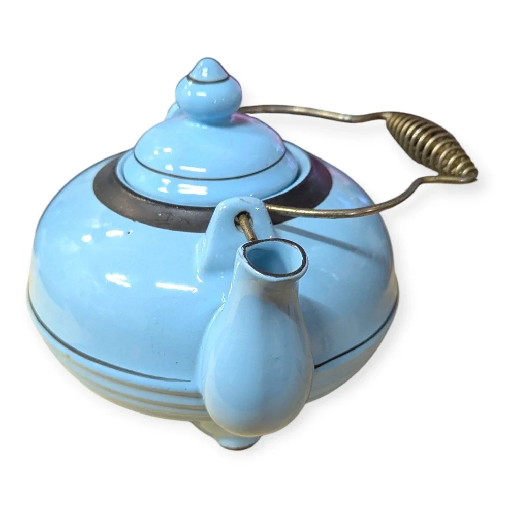 Vintage Art Deco Blue Ceramic Teapot Black Banded Tripod Feet Brass Coil‎ Handle